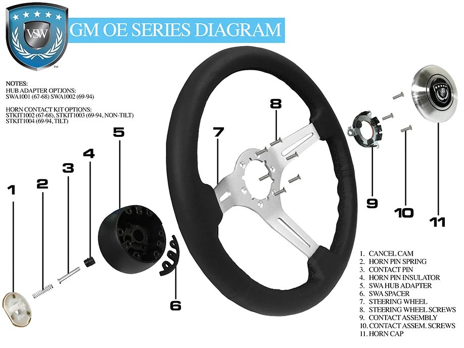VSW GM OE series install diagram - SWA adapter, spacer, horn contact kit (STKIT1003 non-tilt / STKIT1004 tilt) and horn cap
