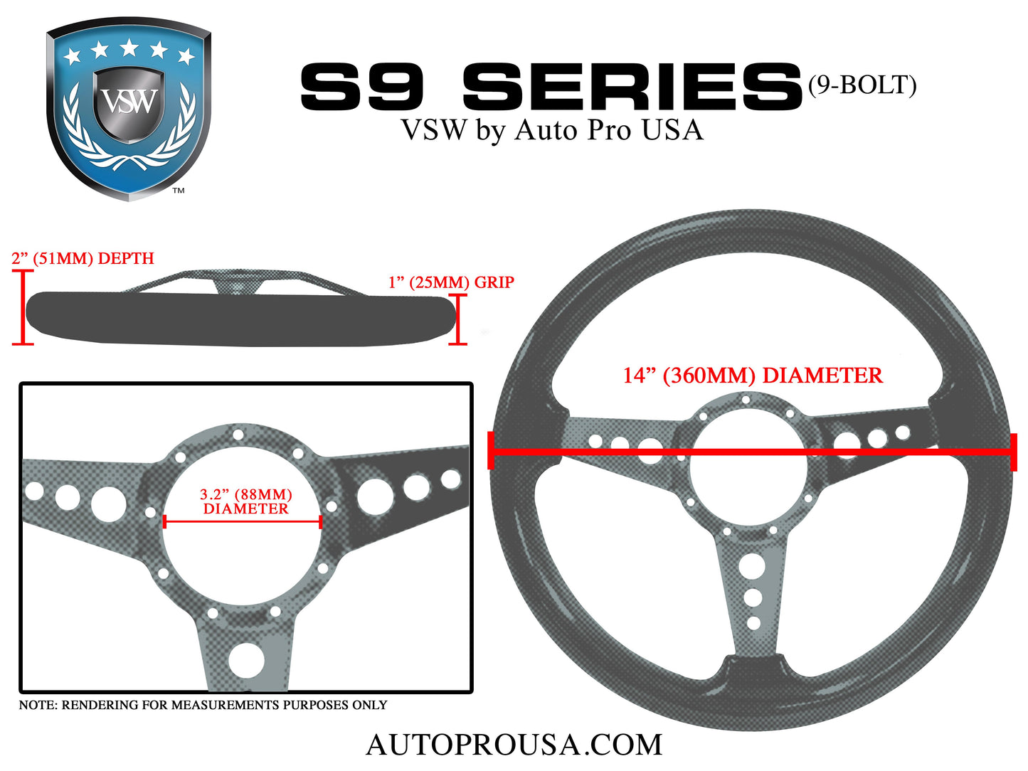 VSW S9 Premium Leather Steering Wheel | Black Leather, 3-Spoke w/ Holes | ST3056