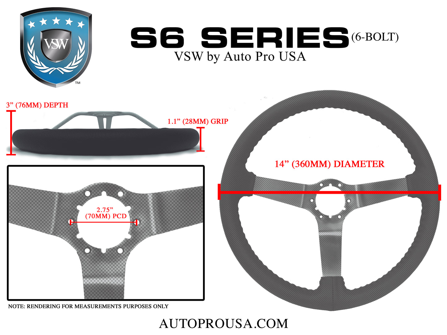 VSW S6 Step Series Steering Wheel | Red Leather, Black | ST3029RED