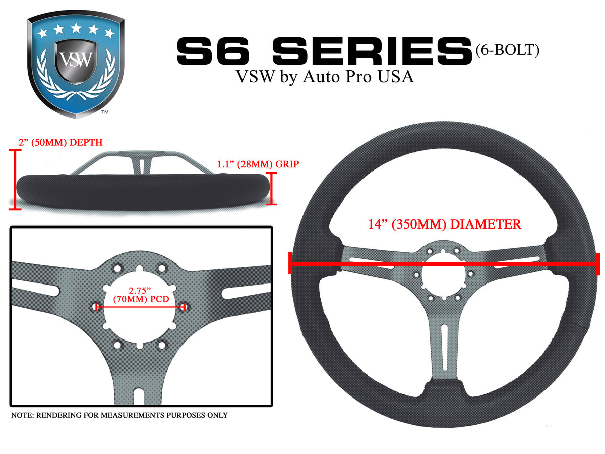 VSW 6-bolt Sport suede steering wheel size diagram: diameter, dish and bolt pattern