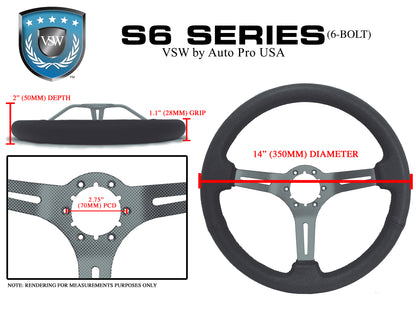VSW 6-bolt Sport suede steering wheel size diagram: diameter, dish and bolt pattern