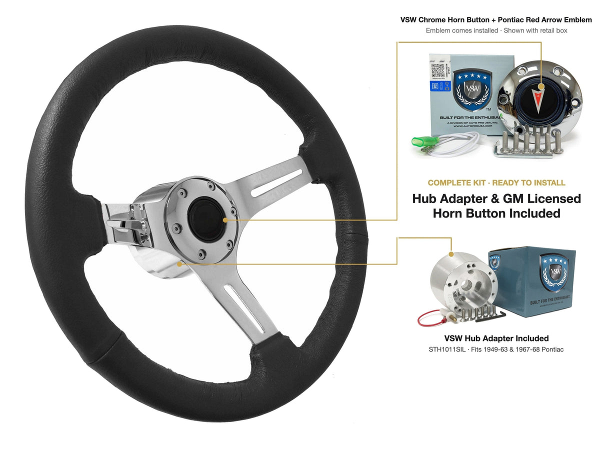 ST3012BLK 1949-63/1967-68 Pontiac kit - Chrome button, Pontiac Red Arrow emblem, STH1011SIL hub