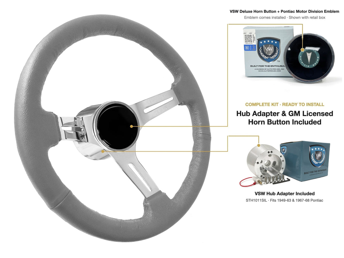 ST3012GRY 1949-63/1967-68 Pontiac kit - Deluxe button, Pontiac Motor Division emblem, STH1011SIL hub