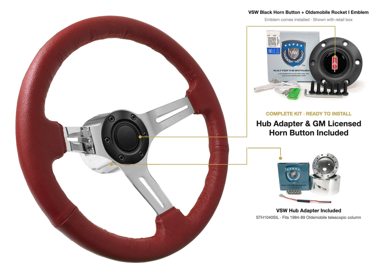 ST3012RED 1984-89 Oldsmobile Telescopic kit - Black button, Rocket I 1960-80 emblem, STH1040SIL hub