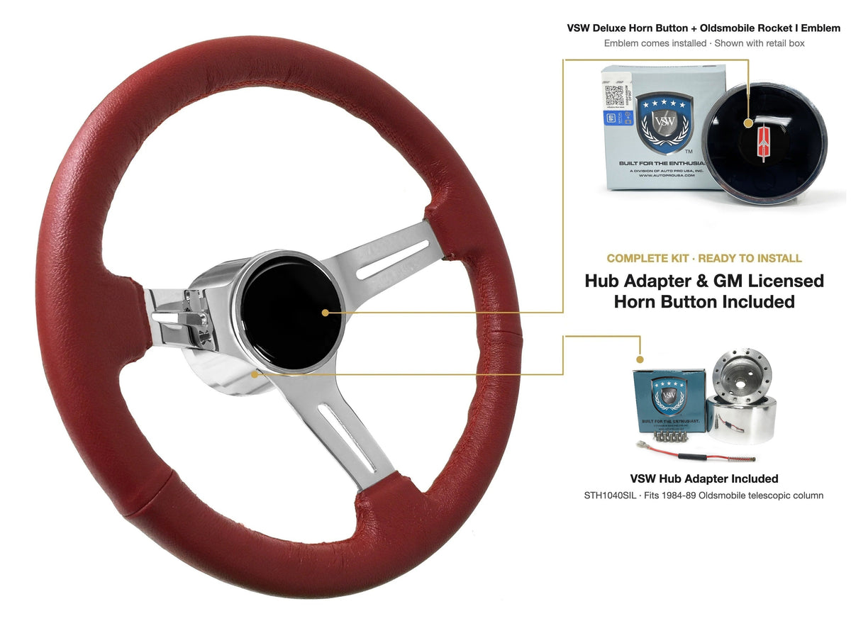 ST3012RED 1984-89 Oldsmobile Telescopic kit - Deluxe button, Rocket I 1960-80 emblem, STH1040SIL hub