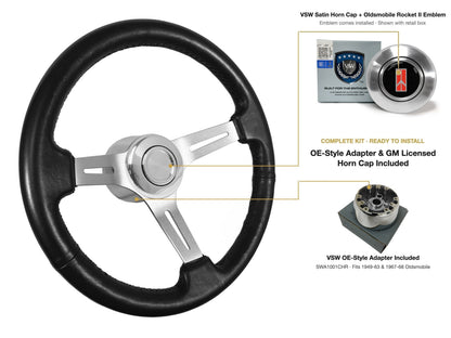 ST3014BLK 1949-63/1967-68 Oldsmobile OE-style kit - OE Satin Cap, Rocket II 1981-96 emblem, SWA1001CHR adapter