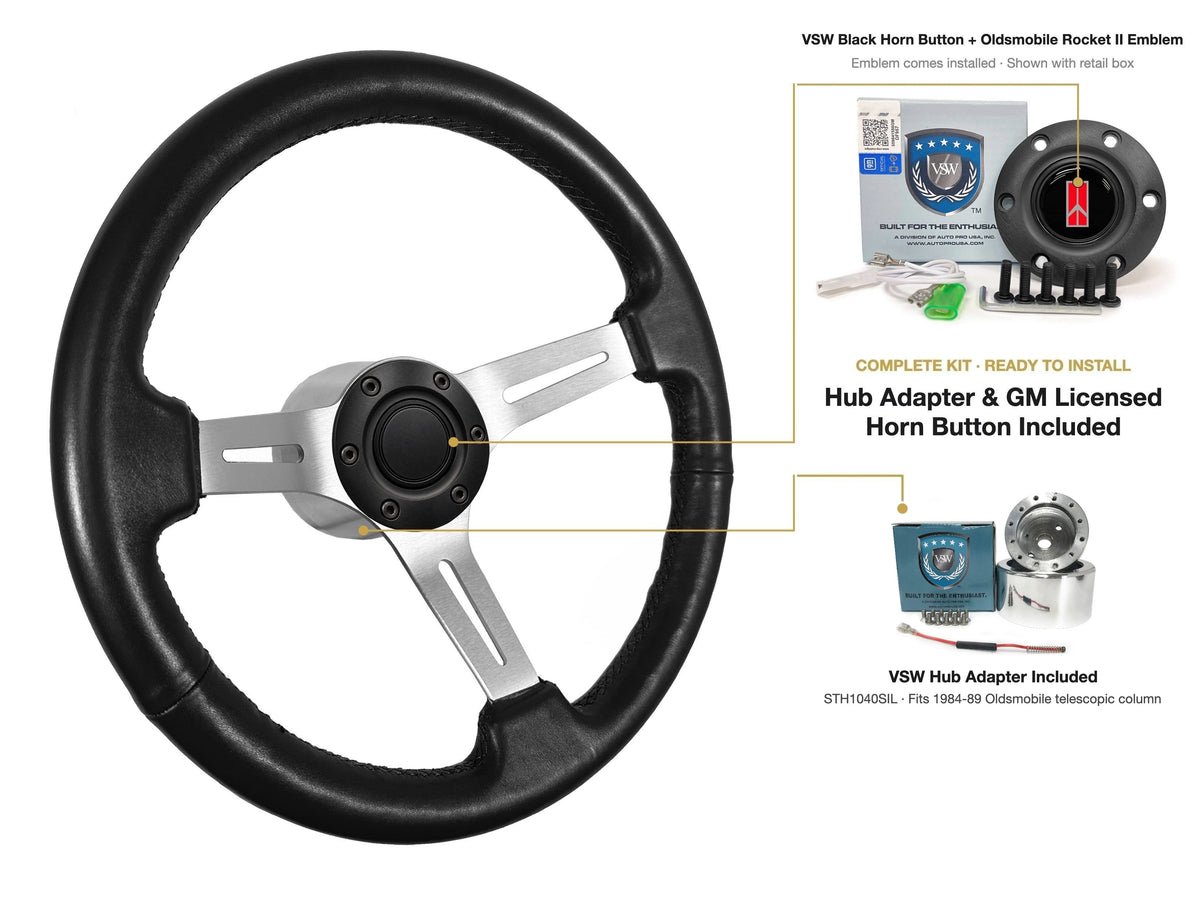 ST3014BLK 1984-89 Oldsmobile Telescopic kit - Black button, Rocket II 1981-96 emblem, STH1040SIL hub