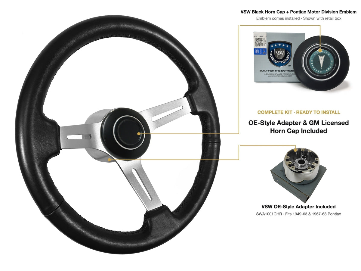 ST3014BLK 1949-63/1967-68 Pontiac OE-style kit - OE Black Cap, Pontiac Motor Division emblem, SWA1001CHR adapter