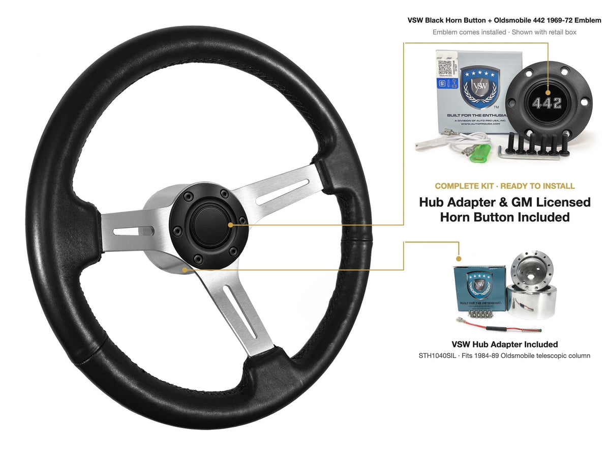 ST3014BLK 1984-89 Oldsmobile Telescopic kit - Black button, 442 1969-72 emblem, STH1040SIL hub