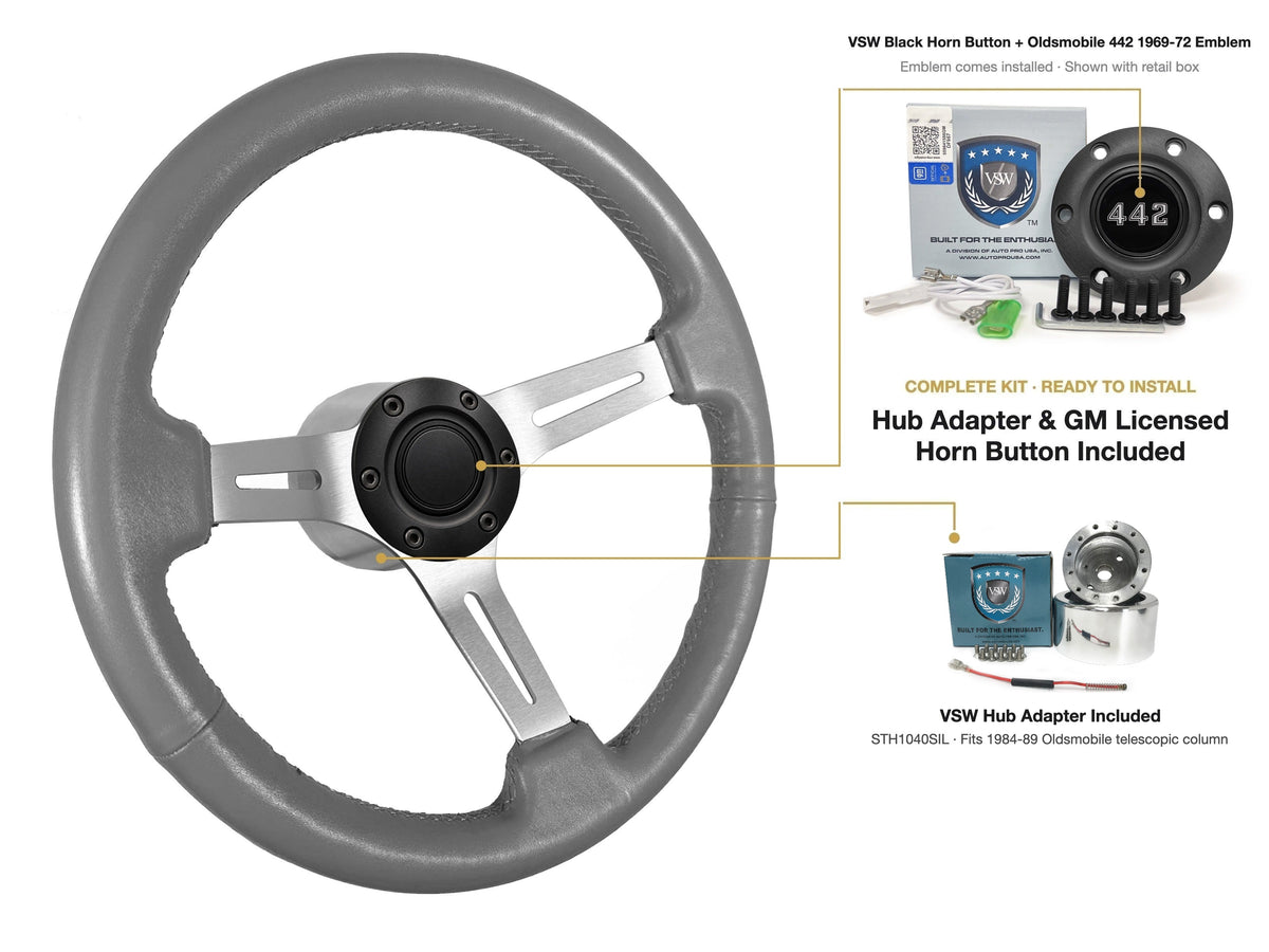 ST3014GRY 1984-89 Oldsmobile Telescopic kit - Black button, 442 1969-72 emblem, STH1040SIL hub