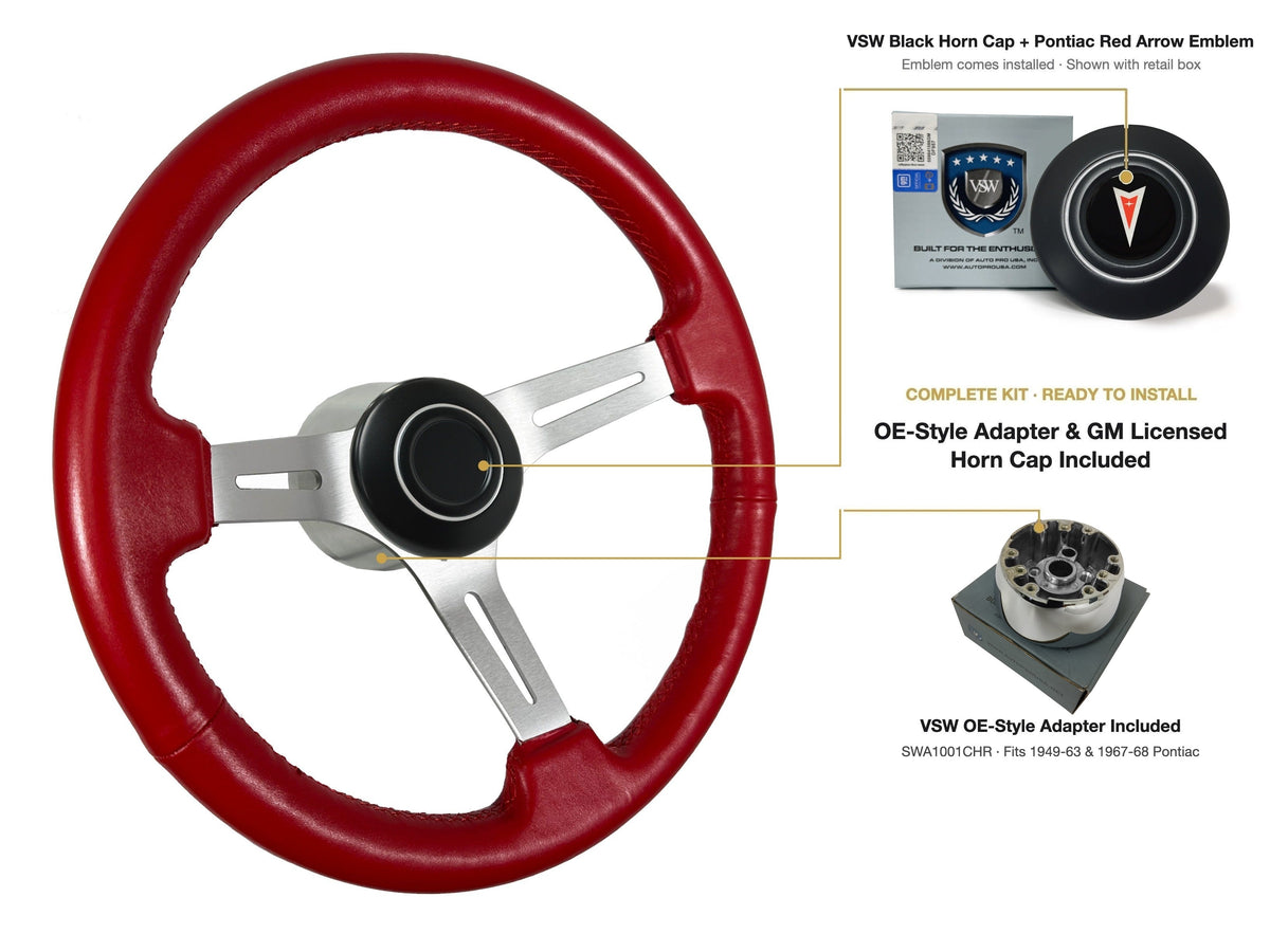 ST3014RED 1949-63/1967-68 Pontiac OE-style kit - OE Black Cap, Pontiac Red Arrow emblem, SWA1001CHR adapter