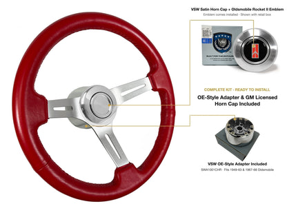 ST3014RED 1949-63/1967-68 Oldsmobile OE-style kit - OE Satin Cap, Rocket II 1981-96 emblem, SWA1001CHR adapter