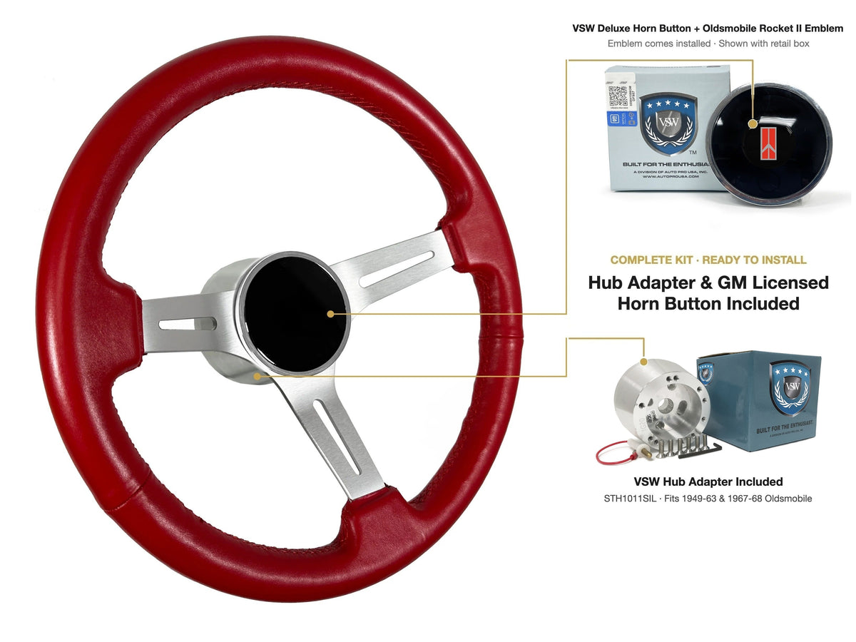 ST3014RED 1949-63/1967-68 Oldsmobile kit - Deluxe button, Rocket II 1981-96 emblem, STH1011SIL hub