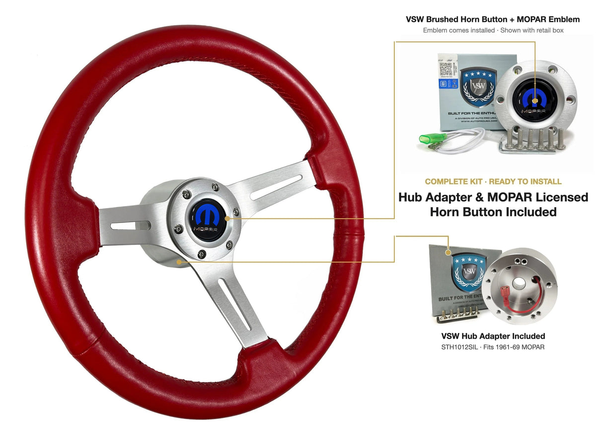 ST3014RED 1961-69 MOPAR kit - Brushed button, MOPAR emblem, STH1012SIL hub