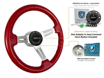 ST3014RED 1974-75/1976-95 Jeep kit - Black button, Jeep emblem, STH1008SIL hub