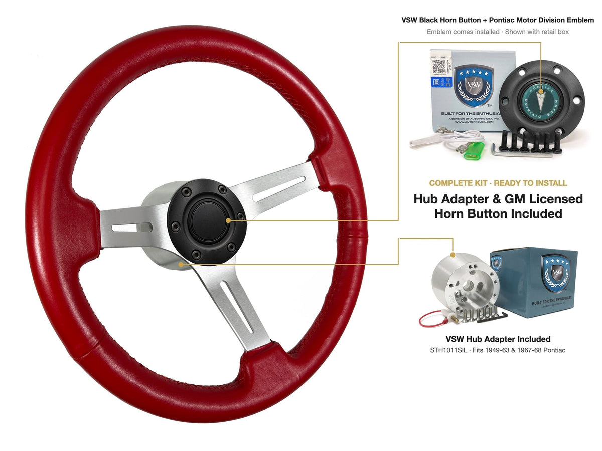 ST3014RED 1949-63/1967-68 Pontiac kit - Black button, Pontiac Motor Division emblem, STH1011SIL hub