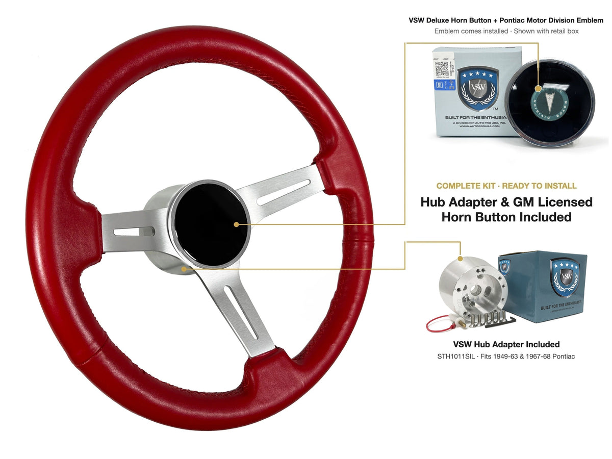 ST3014RED 1949-63/1967-68 Pontiac kit - Deluxe button, Pontiac Motor Division emblem, STH1011SIL hub