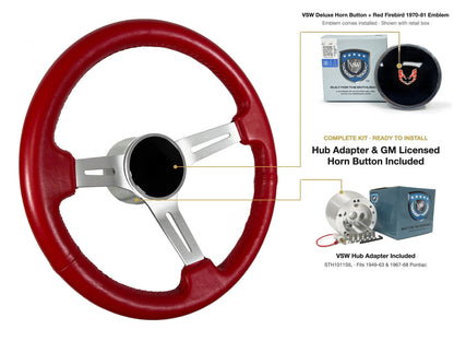 ST3014RED 1949-63/1967-68 Pontiac kit - Deluxe button, Red Firebird 1970-81 emblem, STH1011SIL hub