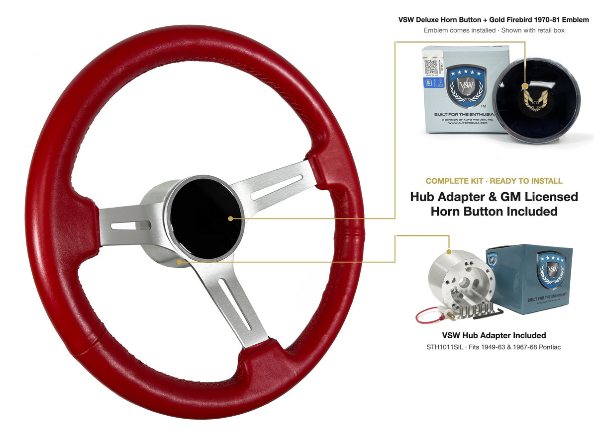ST3014RED 1949-63/1967-68 Pontiac kit - Deluxe button, Gold Firebird 1970-81 emblem, STH1011SIL hub