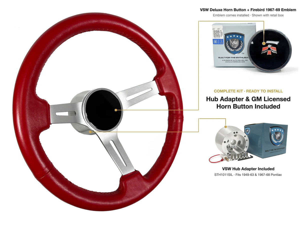 ST3014RED 1949-63/1967-68 Pontiac kit - Deluxe button, Firebird 1967-69 emblem, STH1011SIL hub