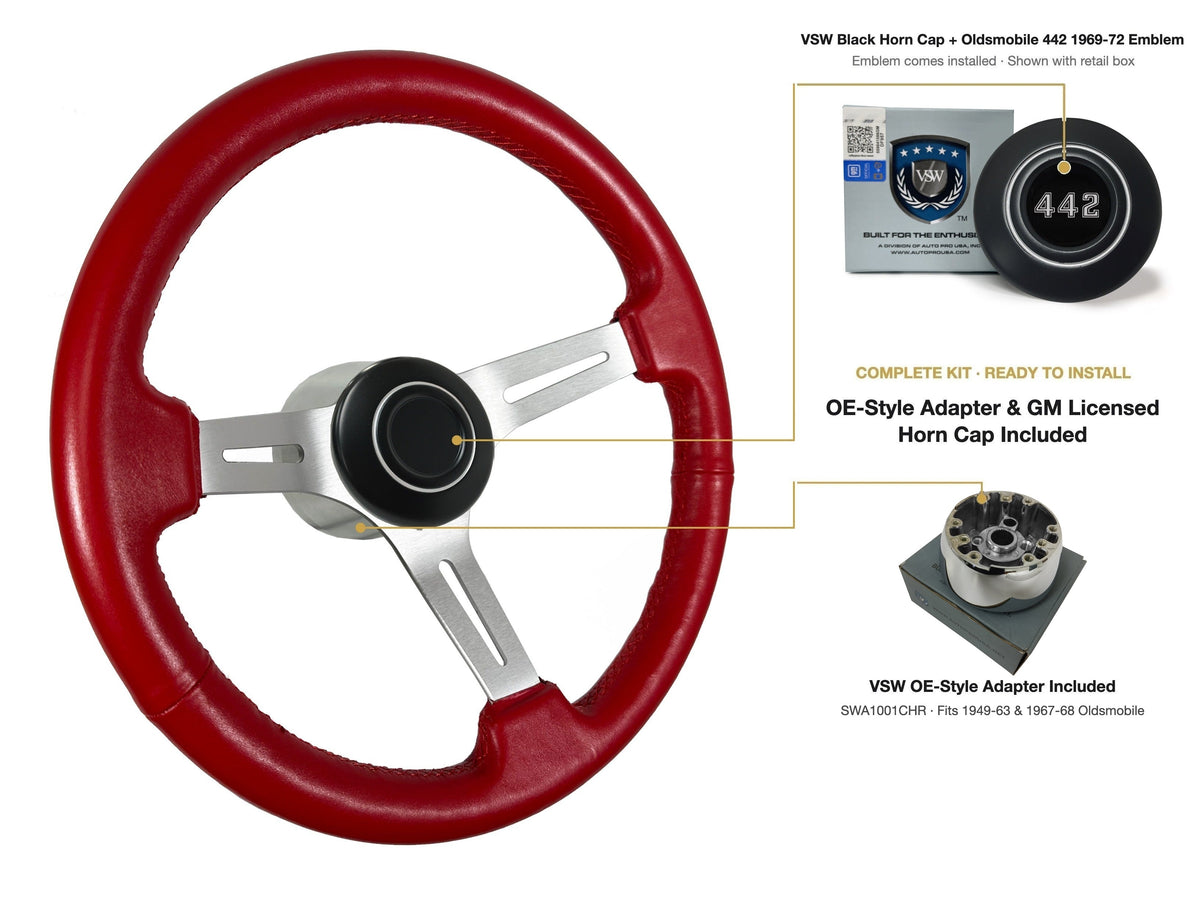ST3014RED 1949-63/1967-68 Oldsmobile OE-style kit - OE Black Cap, 442 1969-72 emblem, SWA1001CHR adapter