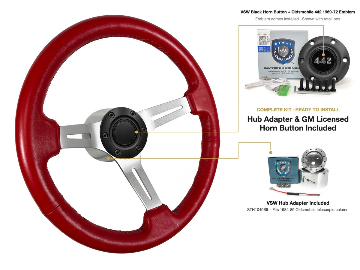 ST3014RED 1984-89 Oldsmobile Telescopic kit - Black button, 442 1969-72 emblem, STH1040SIL hub