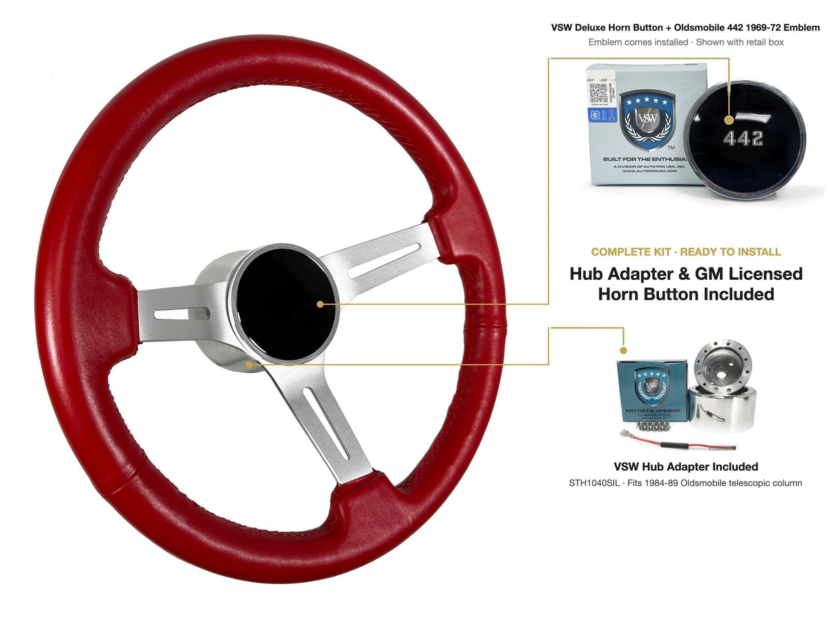 ST3014RED 1984-89 Oldsmobile Telescopic kit - Deluxe button, 442 1969-72 emblem, STH1040SIL hub