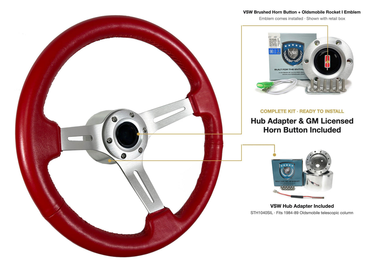 ST3014RED 1984-89 Oldsmobile Telescopic kit - Brushed button, Rocket I 1960-80 emblem, STH1040SIL hub