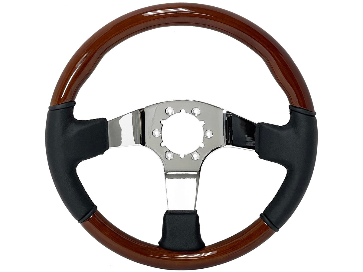 VSW ST3019 6-bolt Sport steering wheel, half mahogany wood, half black leather grip, chrome solid 3-spoke center, 14" diameter