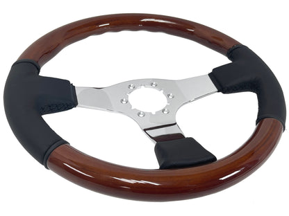 VSW ST3019 6-bolt Sport steering wheel, half mahogany wood, half black leather grip, chrome solid 3-spoke center, 14" diameter