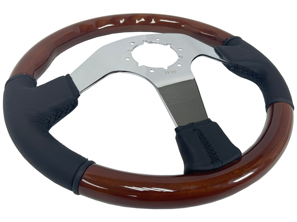 VSW ST3019 6-bolt Sport steering wheel, half mahogany wood, half black leather grip, chrome solid 3-spoke center, 14" diameter