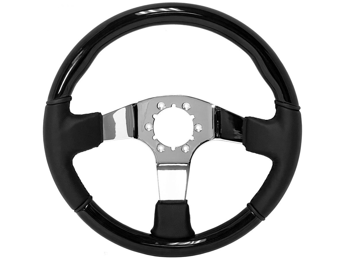 VSW ST3019BLKWOOD 6-bolt Sport steering wheel, half black ash wood, half black leather grip, chrome solid 3-spoke center, 14" diameter