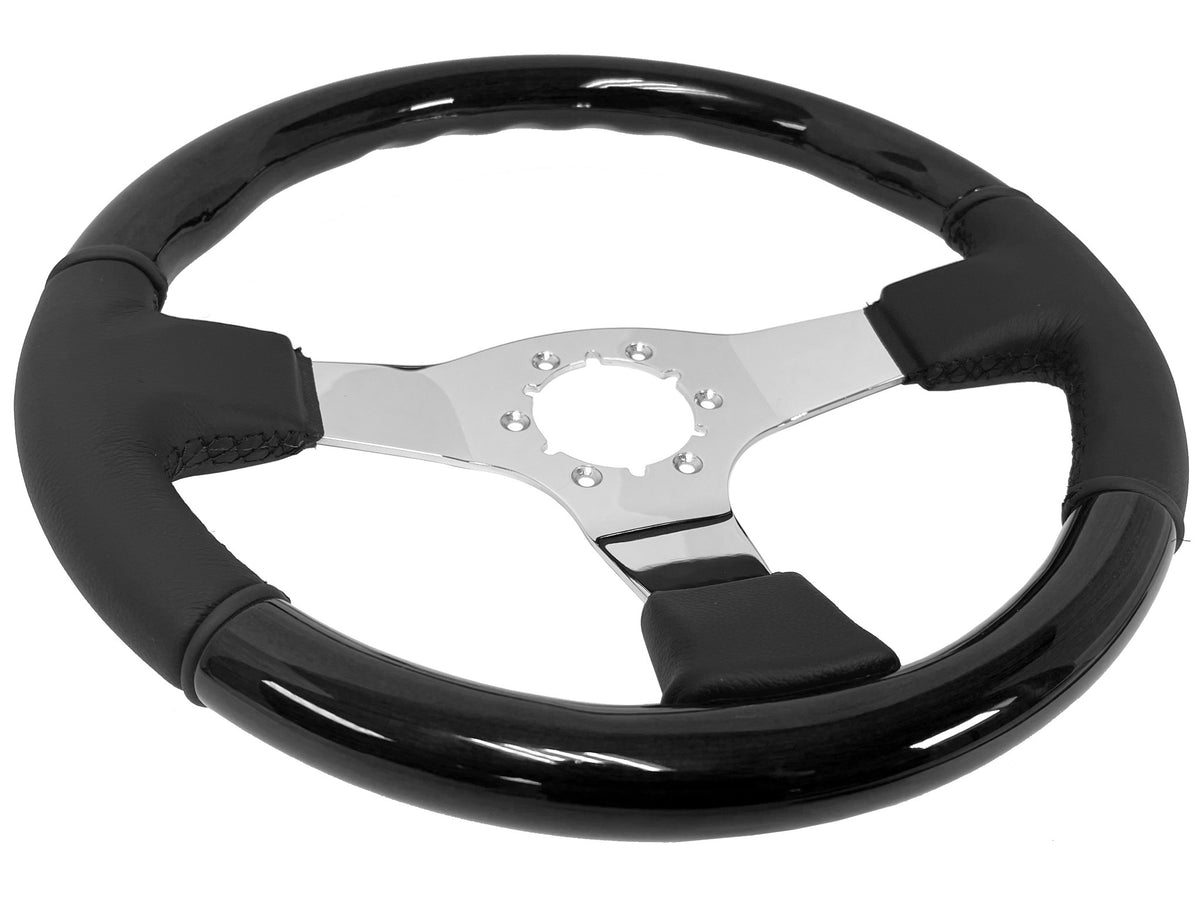 VSW ST3019BLKWOOD 6-bolt Sport steering wheel, half black ash wood, half black leather grip, chrome solid 3-spoke center, 14" diameter