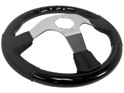 VSW ST3019BLKWOOD 6-bolt Sport steering wheel, half black ash wood, half black leather grip, chrome solid 3-spoke center, 14" diameter