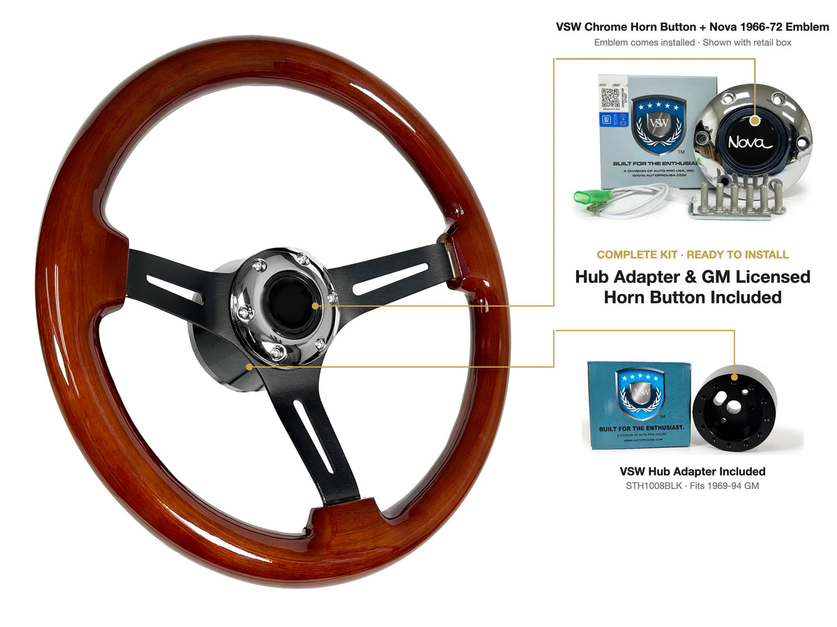 ST3027 kit (black hub) - Chrome button, Nova 1966-72 emblem