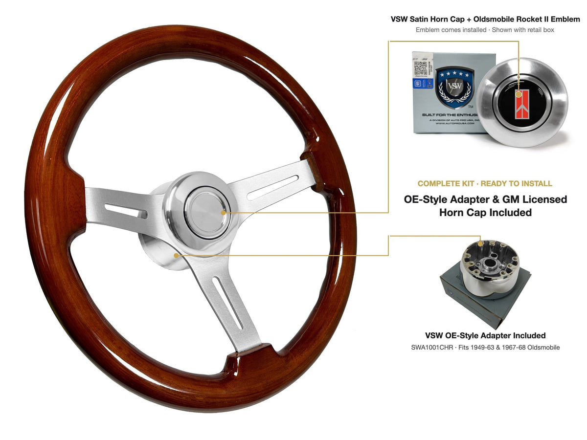 ST3027S 1949-63/1967-68 Oldsmobile OE-style kit - OE Satin Cap, Rocket II 1981-96 emblem, SWA1001CHR adapter