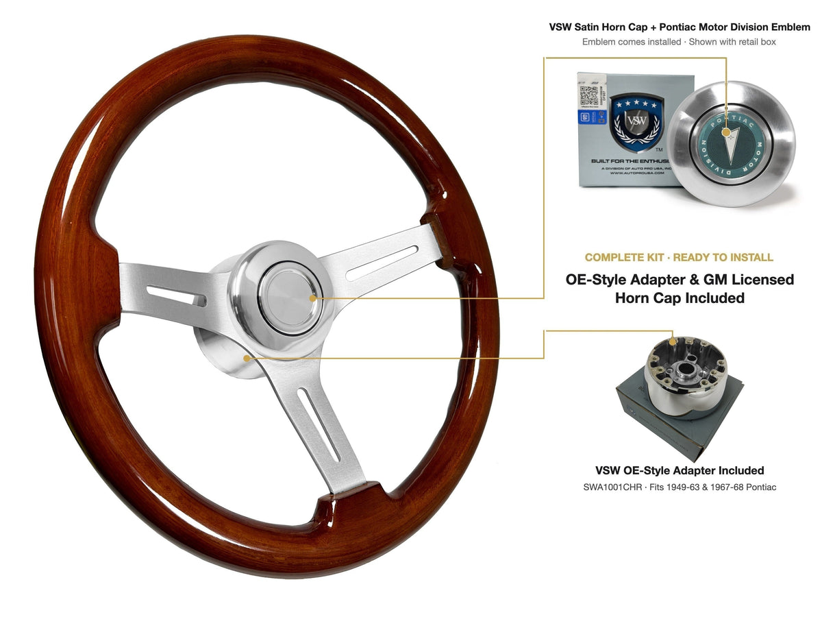 ST3027S 1949-63/1967-68 Pontiac OE-style kit - OE Satin Cap, Pontiac Motor Division emblem, SWA1001CHR adapter