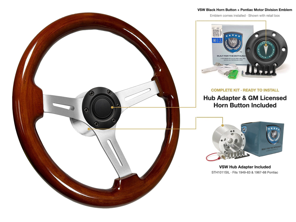 ST3027S 1949-63/1967-68 Pontiac kit - Black button, Pontiac Motor Division emblem, STH1011SIL hub