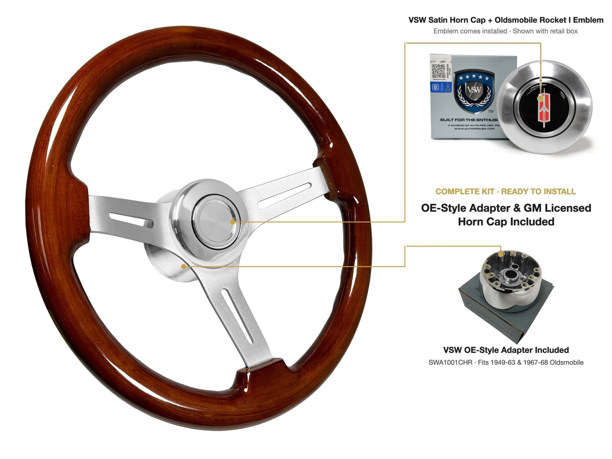 ST3027S 1949-63/1967-68 Oldsmobile OE-style kit - OE Satin Cap, Rocket I 1960-80 emblem, SWA1001CHR adapter