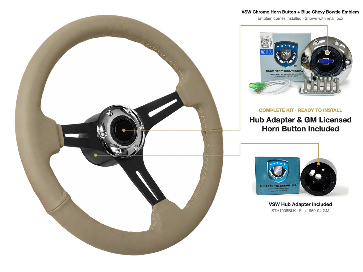 ST3060TAN steering wheel kit - Chrome horn button, Blue Chevy Bowtie emblem