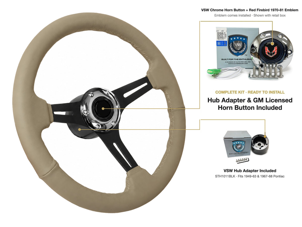 ST3060TAN steering wheel kit - Chrome horn button, Red Firebird 1970-81 emblem