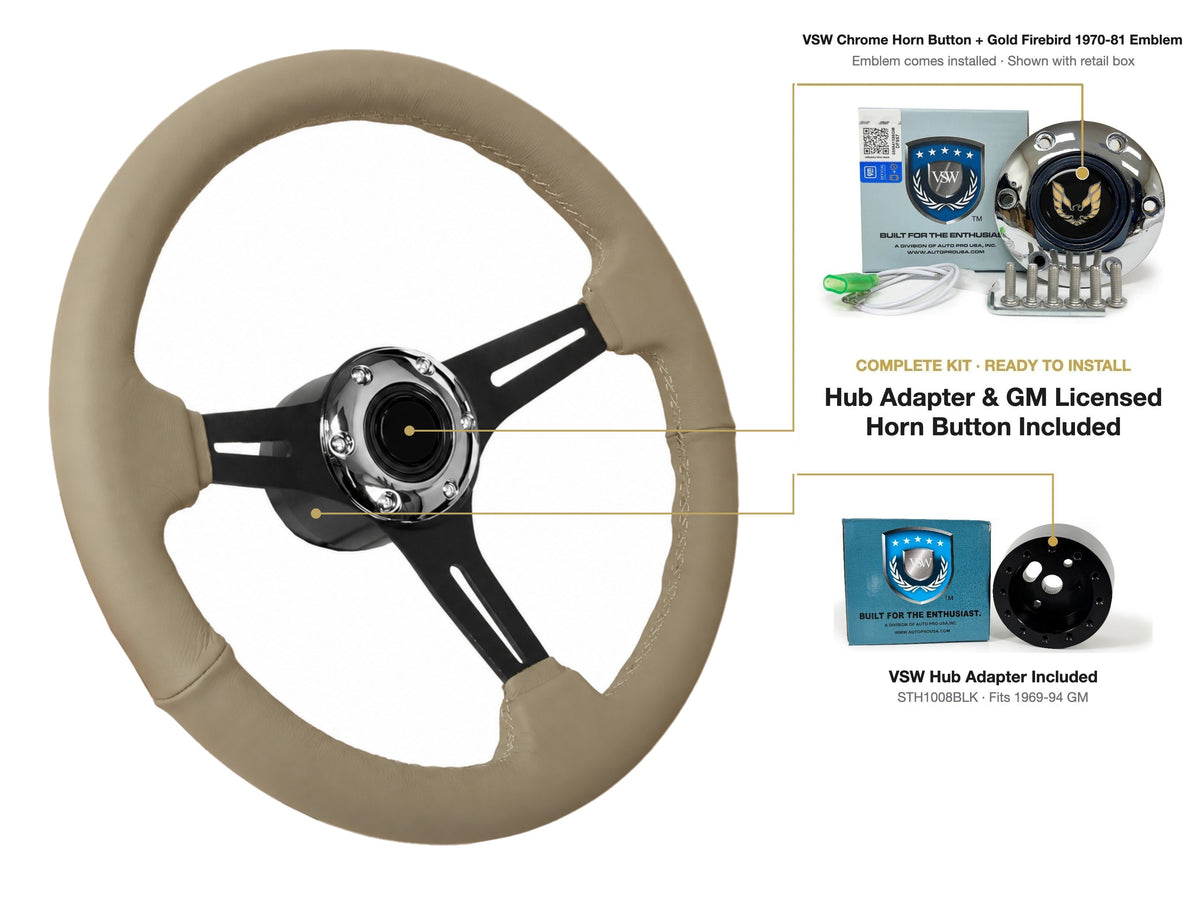 ST3060TAN steering wheel kit - Chrome horn button, Gold Firebird 1970-81 emblem