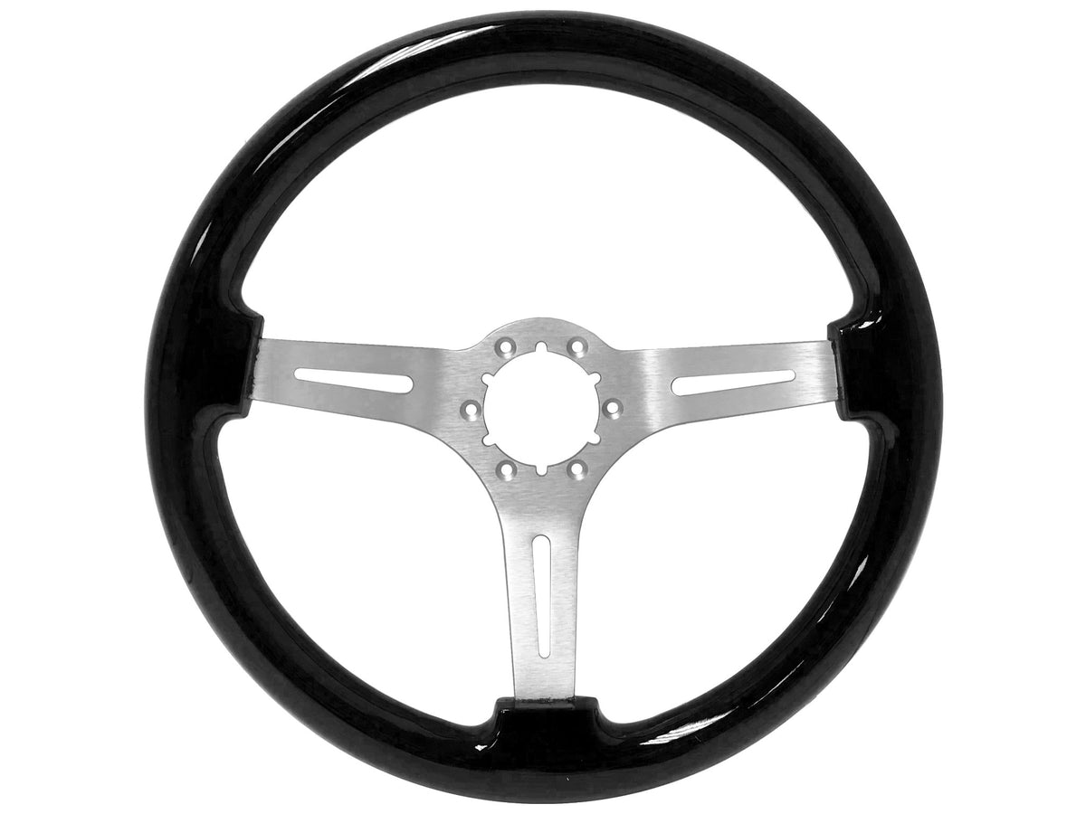 VSW ST3074 6-bolt Sport steering wheel, black ash wood grip, brushed aluminum slotted 3-spoke center, 14" diameter