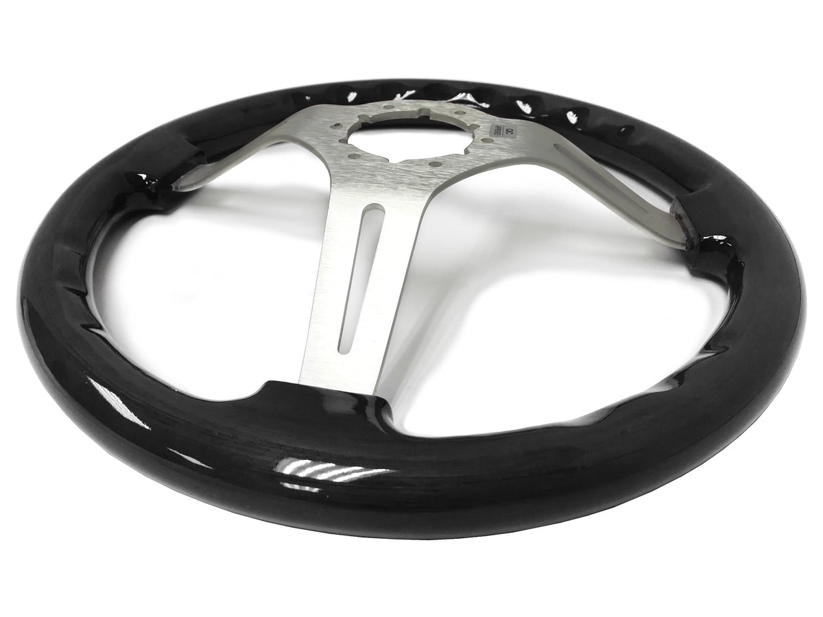 VSW ST3074 6-bolt Sport steering wheel, black ash wood grip, brushed aluminum slotted 3-spoke center, 14" diameter
