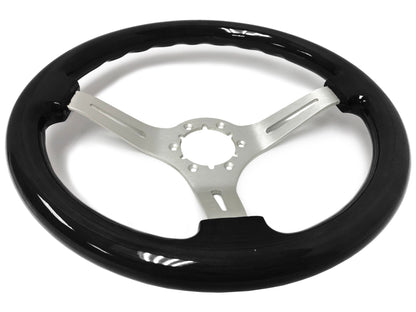 VSW ST3074 6-bolt Sport steering wheel, black ash wood grip, brushed aluminum slotted 3-spoke center, 14" diameter