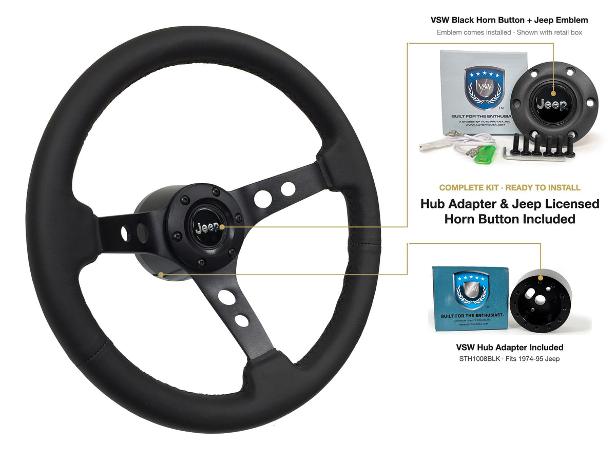 ST3094BLK 1974-75 Jeep kit - Black button, Jeep emblem, STH1008BLK hub