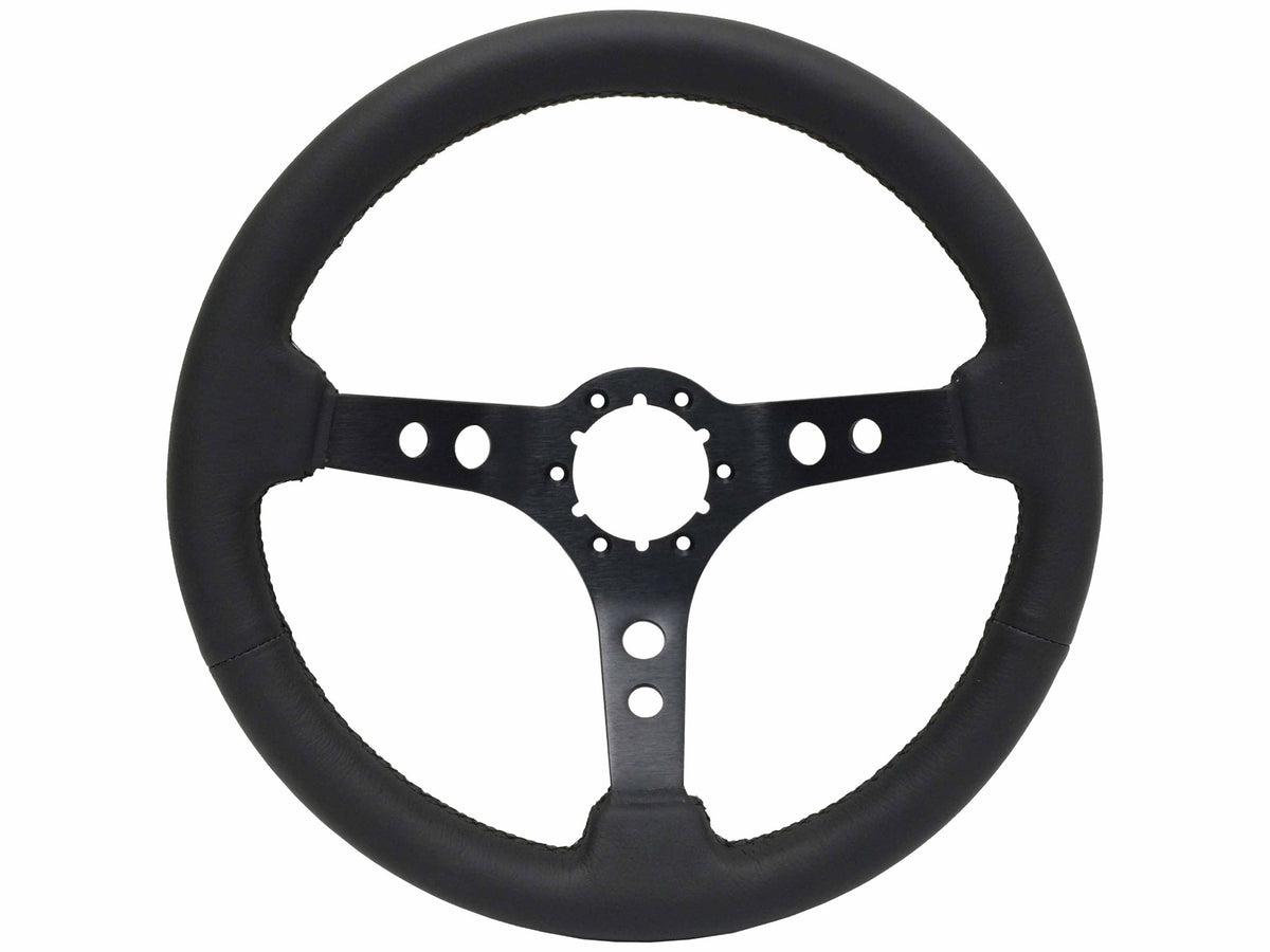 VSW ST3094BLK 6-bolt Sport steering wheel, genuine black leather grip, black aluminum 3-spoke center with holes, 14" diameter