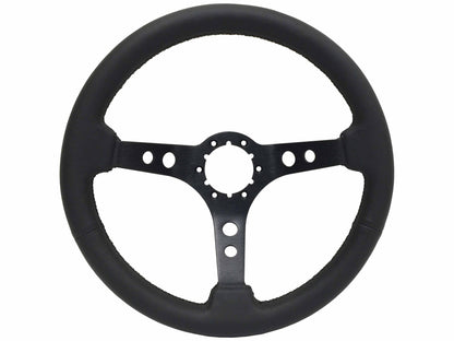 VSW ST3094BLK 6-bolt Sport steering wheel, genuine black leather grip, black aluminum 3-spoke center with holes, 14" diameter