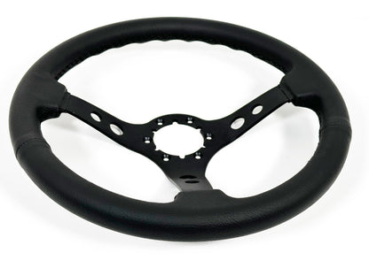 VSW ST3094BLK 6-bolt Sport steering wheel, genuine black leather grip, black aluminum 3-spoke center with holes, 14" diameter