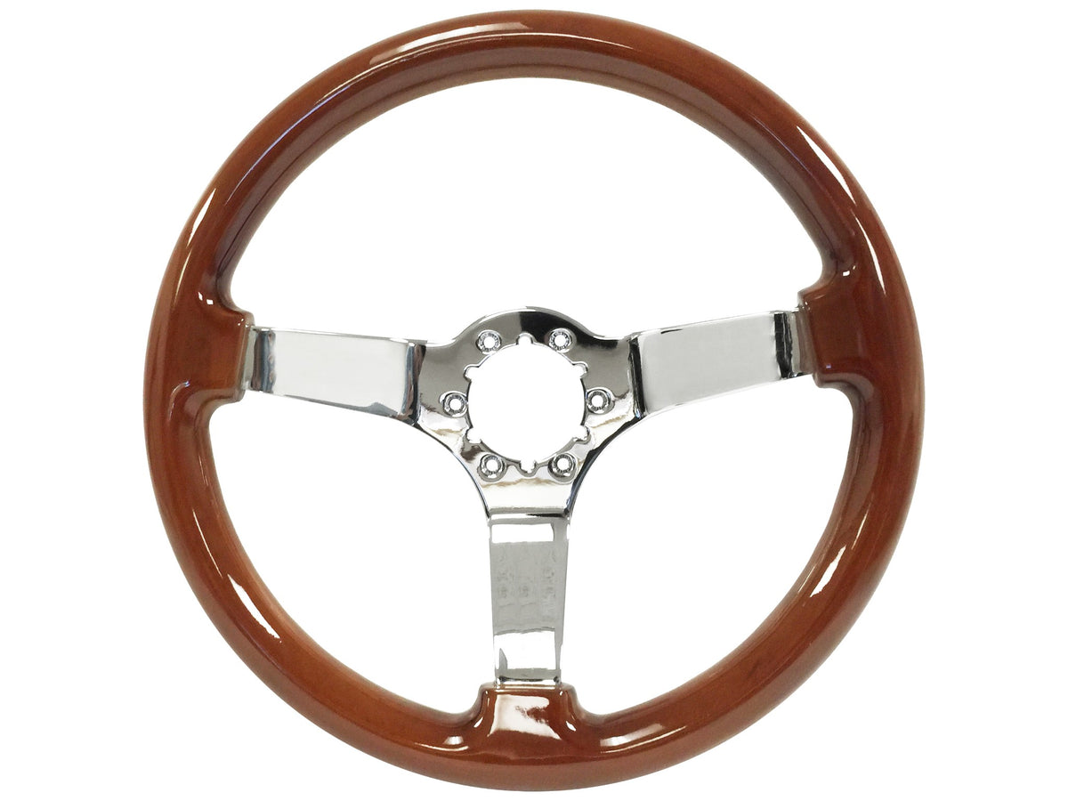 VSW ST3111 6-bolt Sport steering wheel, mahogany wood grip, chrome solid 3-spoke center, 14" diameter